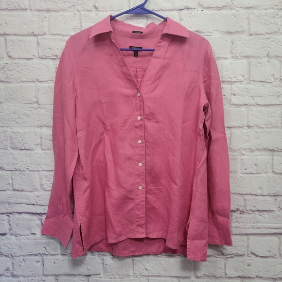 Talbots Irish Linen Button Down Top Women 10 Long Sleeve Rose Pink Collar Career - Picture 1 of 8
